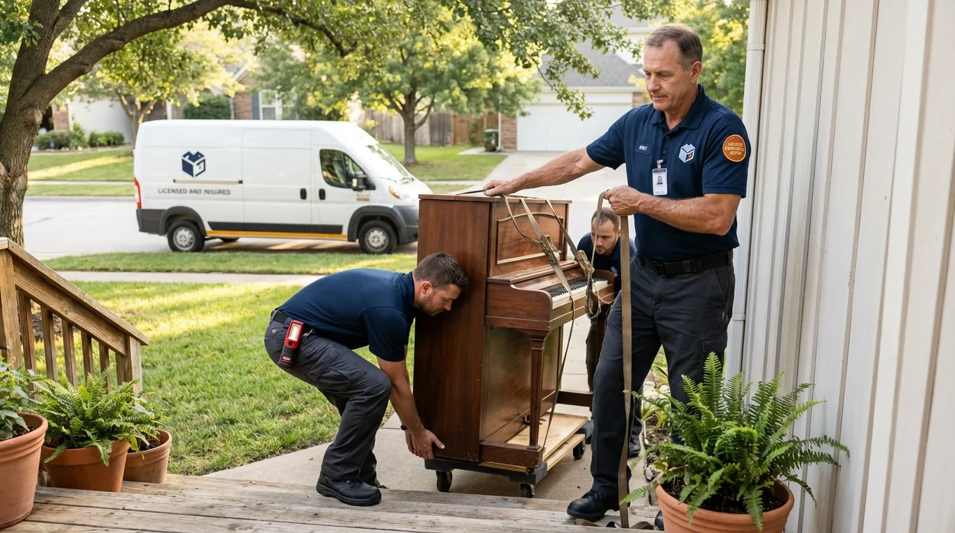 Licensed piano movers securing grand piano in Punta Santiago, PR