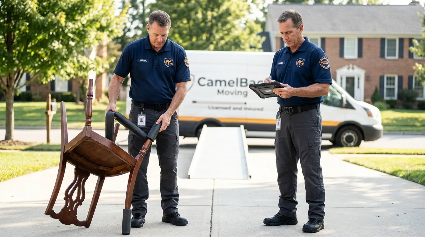 Movers inspecting furniture for damage prevention before loading in Punta Santiago, PR