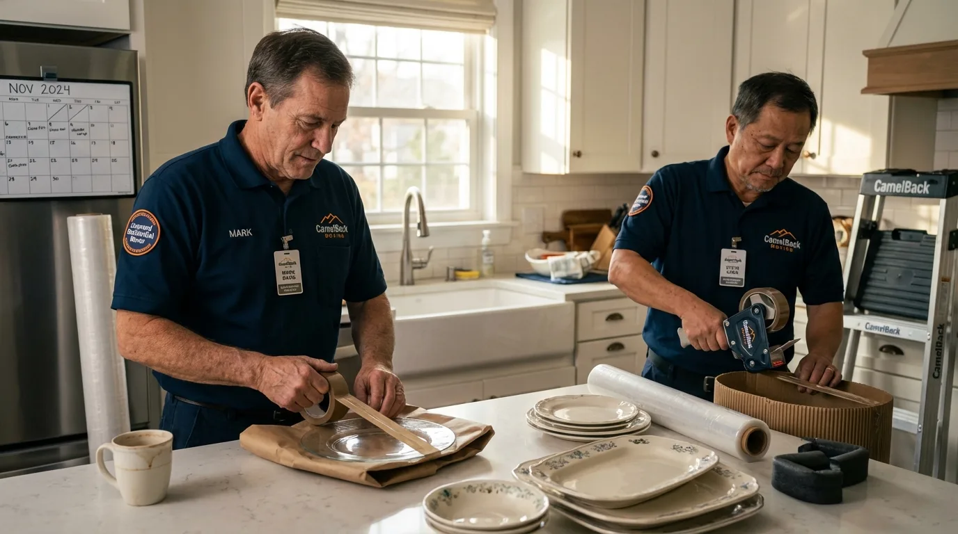 Professional crew packing kitchen dishware in Punta Santiago, PR